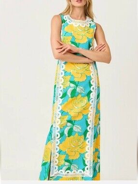 Nwt Lilly pulitzer Floral Maxi Skirt Dress Shift Stretch Lace Trim Blue Yellow 2
